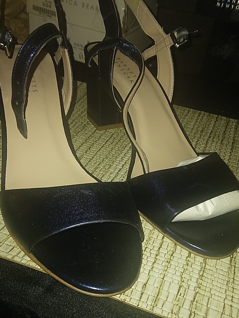Barneys New York NAVY Ankle-Strap Block Heel Sandals